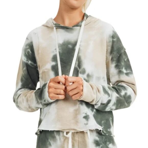 Mono B Sweater Women's Medium Tie Dye Jacquard Cropped Hoodie white, tan, green - Picture 2 of 16